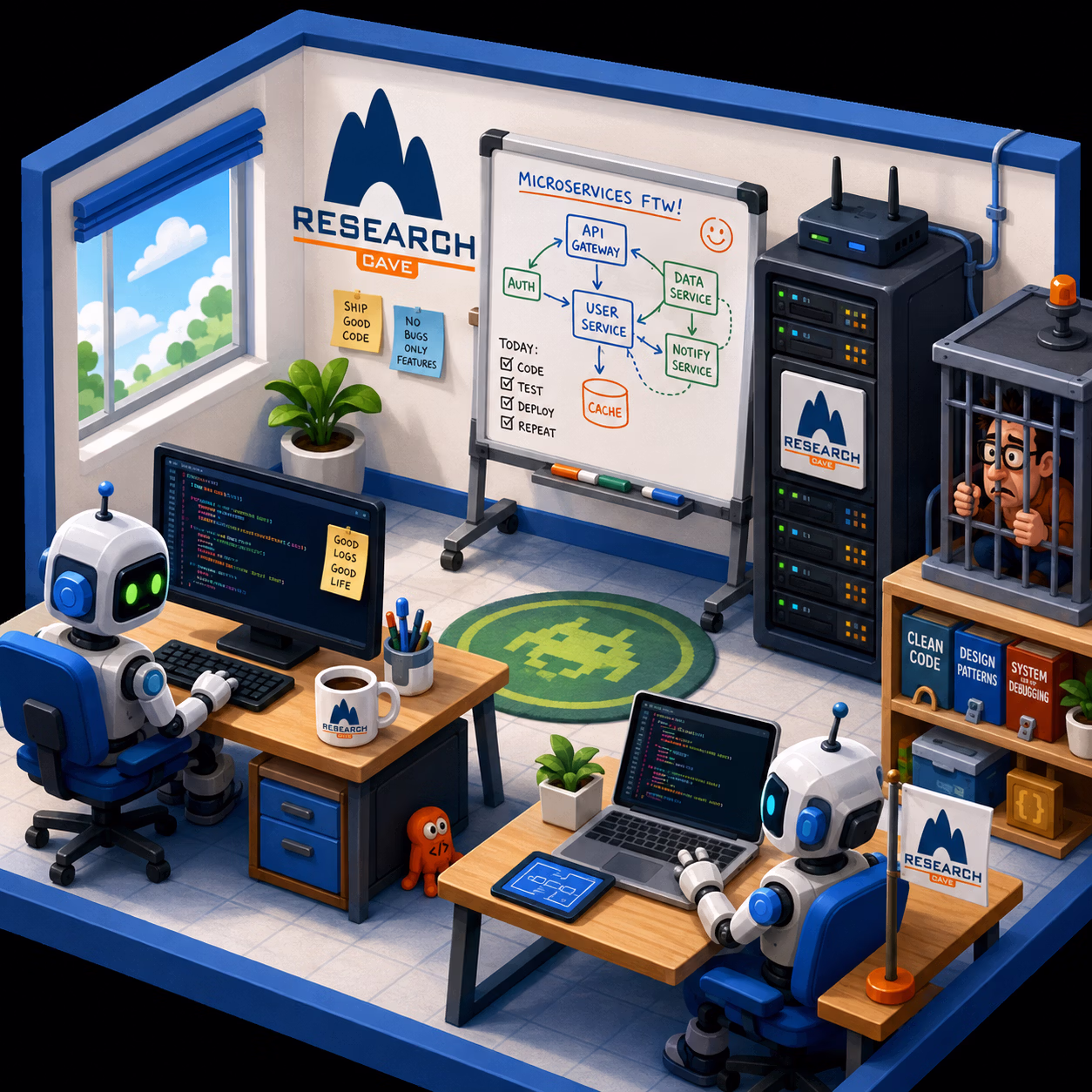 ResearchCave AI agents planning microservices while a human legacy process waits safely behind bars.